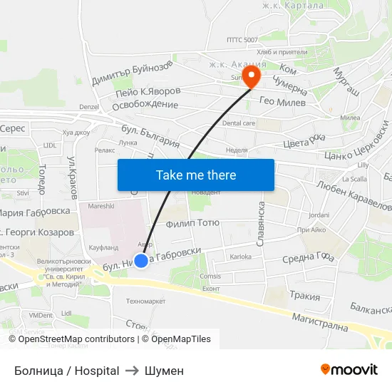 Болница / Hospital to Шумен map