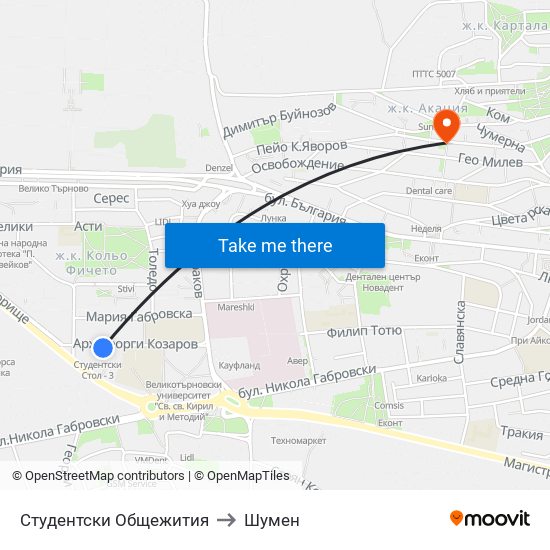 Студентски Общежития to Шумен map