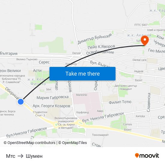 Мтс to Шумен map