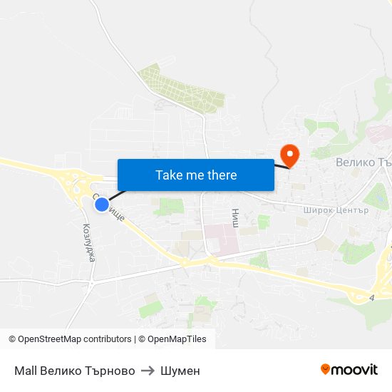 Mall Велико Търново to Шумен map