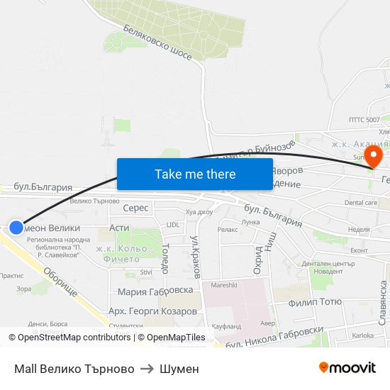 Мол Велико Търново / Mall Veliko Tarnovo to Шумен map