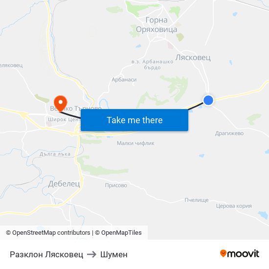 Разклон Лясковец to Шумен map