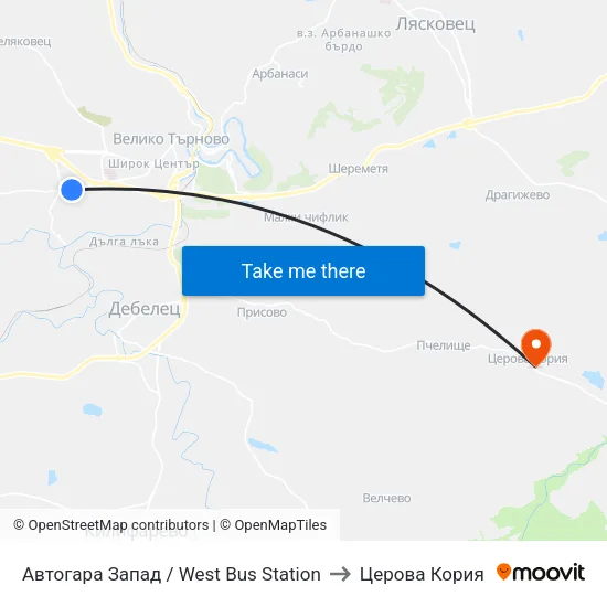 Автогара Запад / West Bus Station to Церова Кория map