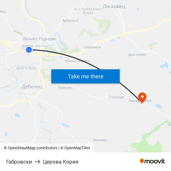 Габровски / Gabrovski to Церова Кория map