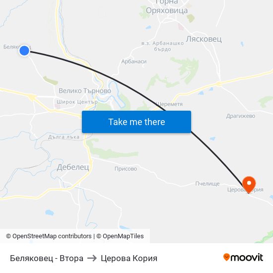 Беляковец - Втора to Церова Кория map