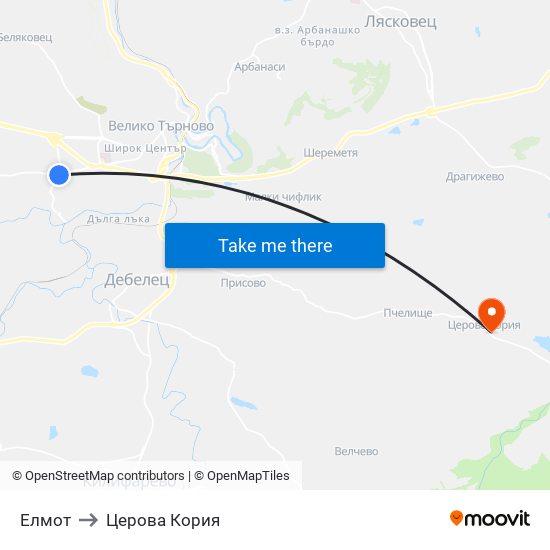 Елмот / Elmot to Церова Кория map