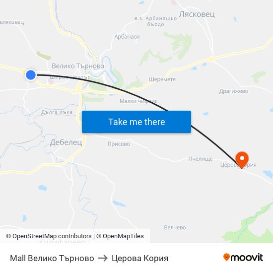 Mall Велико Търново to Церова Кория map