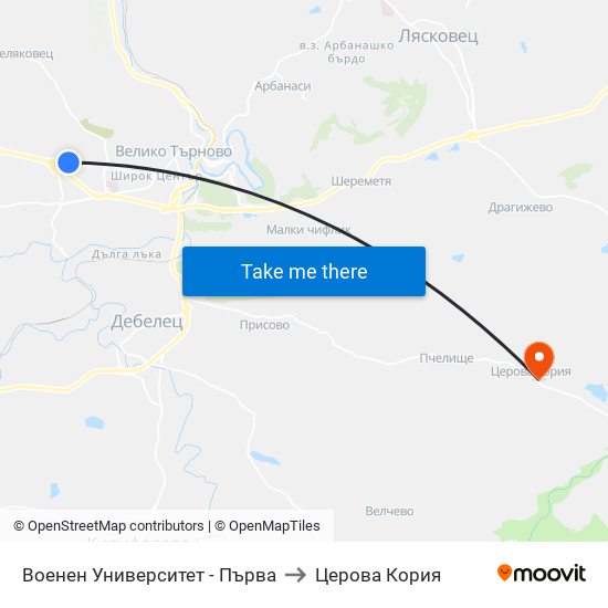 Военен Университет - Първа to Церова Кория map