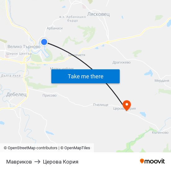 Мавриков / Mavrikov to Церова Кория map