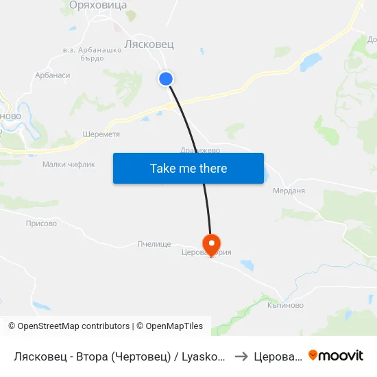 Лясковец - Втора (Чертовец) / Lyaskovets - Second (Chertovets) to Церова Кория map