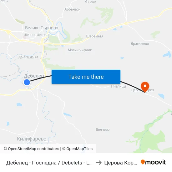 Дебелец - Последна / Debelets - Last to Церова Кория map