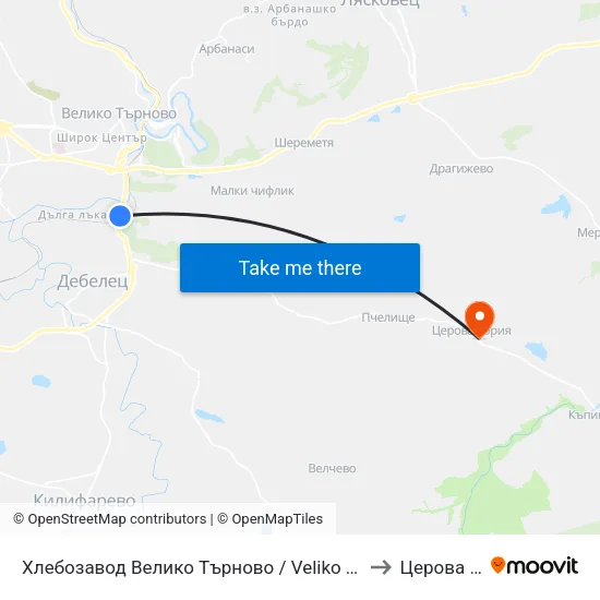 Хлебозавод Велико Търново / Veliko Tarnovo Bread Factory to Церова Кория map