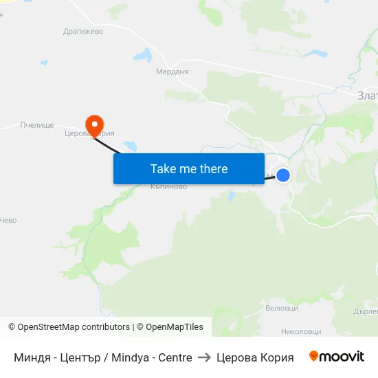 Миндя - Център / Mindya - Centre to Церова Кория map