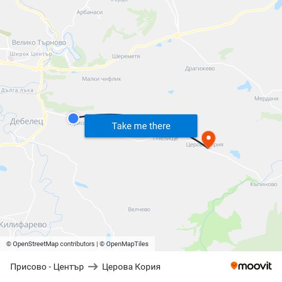 Присово - Център / Prisovo - Centre to Церова Кория map