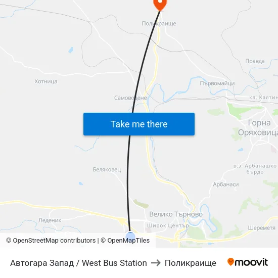 Автогара Запад / West Bus Station to Поликраище map
