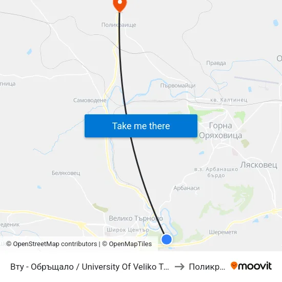 Вту - Обръщало / University Of Veliko Tarnovo - Terminus to Поликраище map