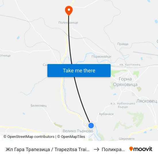 Жп Гара Трапезица / Trapezitsa Train Station to Поликраище map