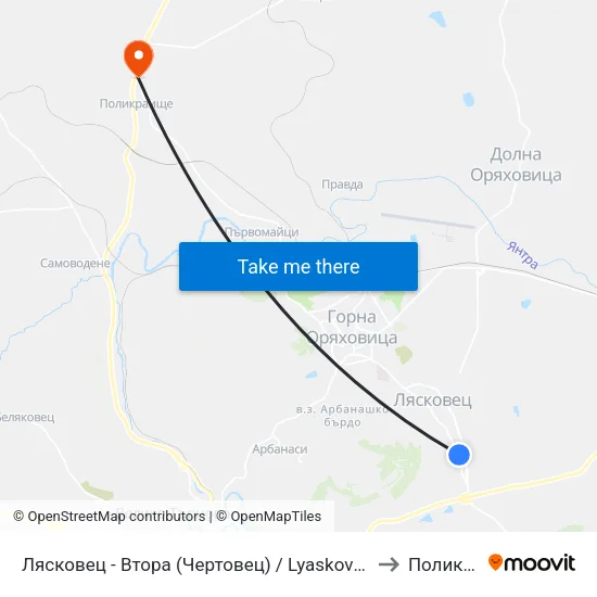 Лясковец - Втора (Чертовец) / Lyaskovets - Second (Chertovets) to Поликраище map