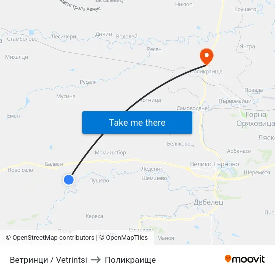 Ветринци / Vetrintsi to Поликраище map