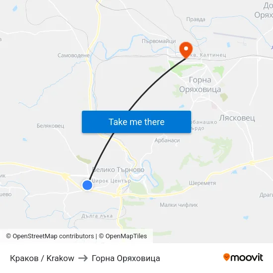 Краков / Krakow to Горна Оряховица map