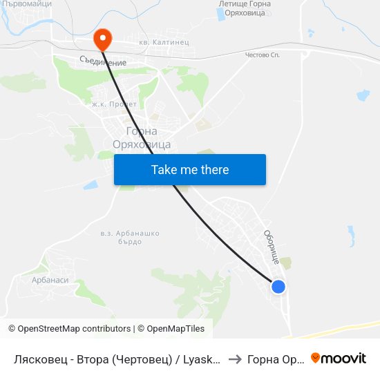 Лясковец - Втора (Чертовец) / Lyaskovets - Second (Chertovets) to Горна Оряховица map