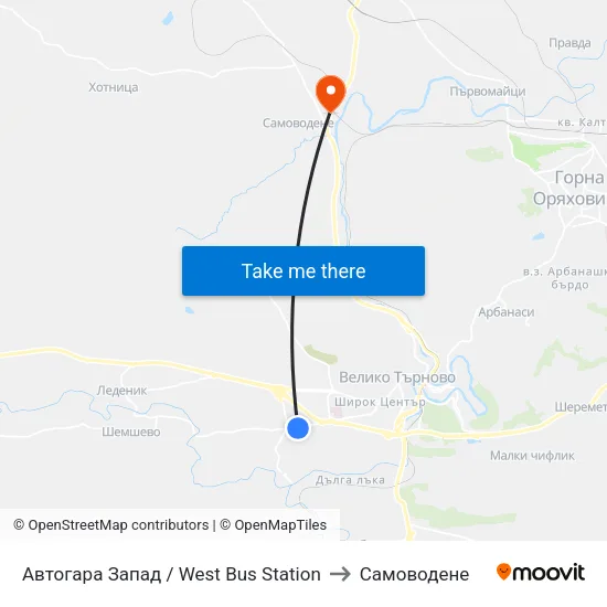 Автогара Запад / West Bus Station to Самоводене map