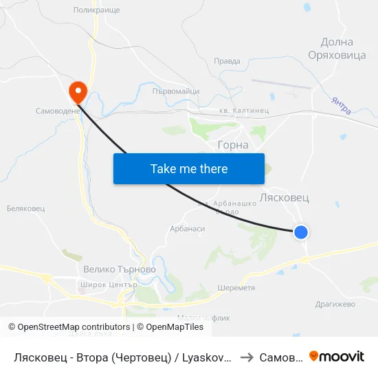 Лясковец - Втора (Чертовец) / Lyaskovets - Second (Chertovets) to Самоводене map
