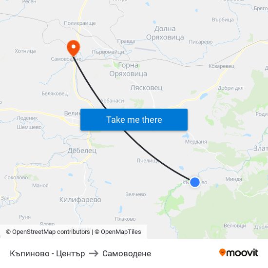 Къпиново - Център / Kapinovo - Centre to Самоводене map