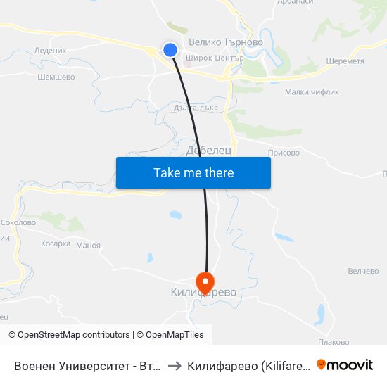 Военен Университет - Втора to Килифарево (Kilifarevo) map