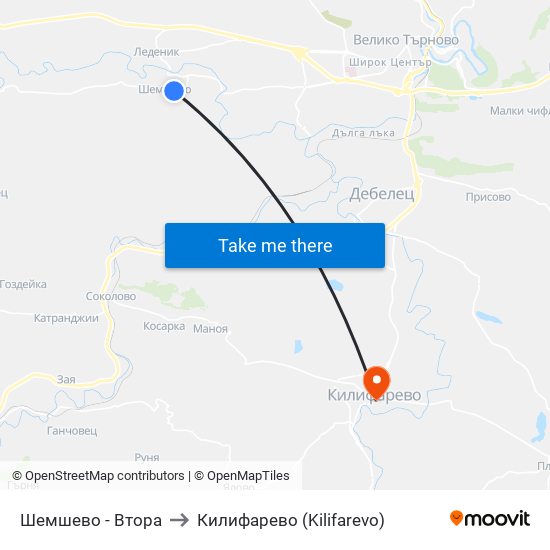 Шемшево - Втора / Shemshevo - Second to Килифарево (Kilifarevo) map