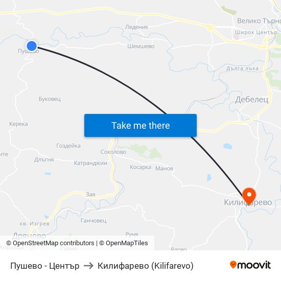 Пушево - Център / Pushevo - Centre to Килифарево (Kilifarevo) map