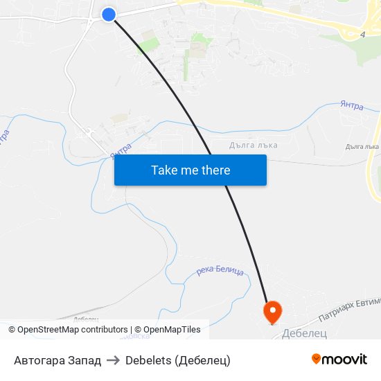 Автогара Запад / West Bus Station to Debelets (Дебелец) map