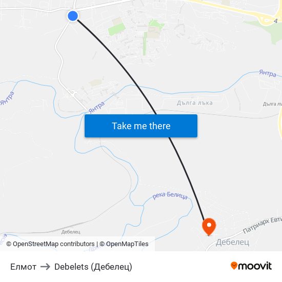 Елмот / Elmot to Debelets (Дебелец) map