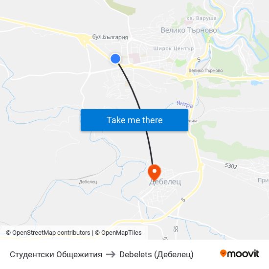 Студентски Общежития to Debelets (Дебелец) map