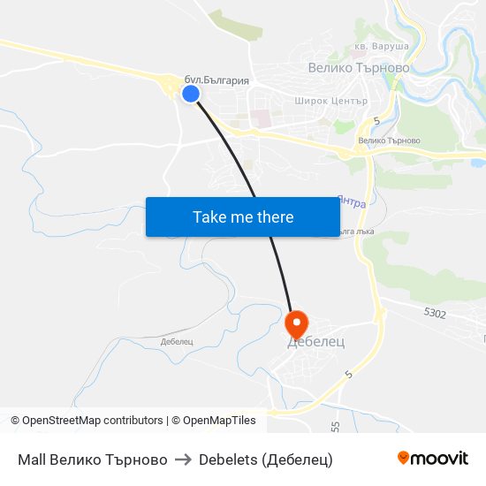 Mall Велико Търново to Debelets (Дебелец) map