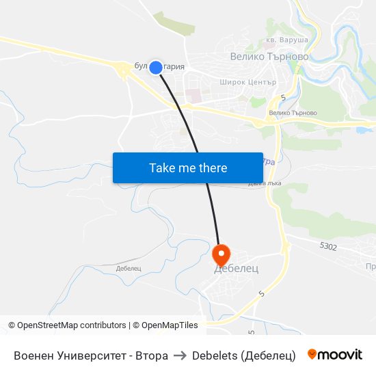 Военен Университет - Втора to Debelets (Дебелец) map
