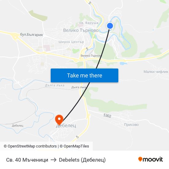Св. 40 Мъченици to Debelets (Дебелец) map
