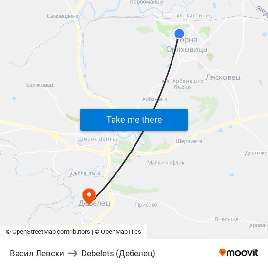 Васил Левски to Debelets (Дебелец) map