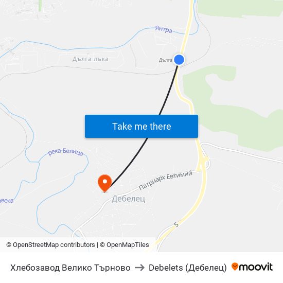 Хлебозавод Велико Търново / Veliko Tarnovo Bread Factory to Debelets (Дебелец) map