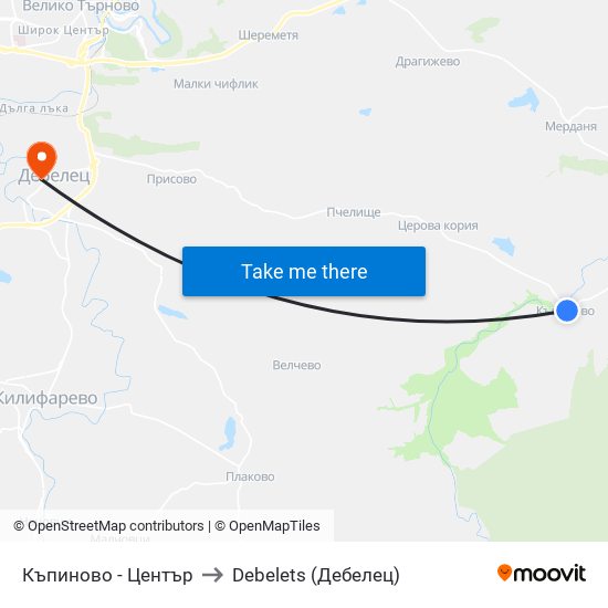 Къпиново - Център / Kapinovo - Centre to Debelets (Дебелец) map