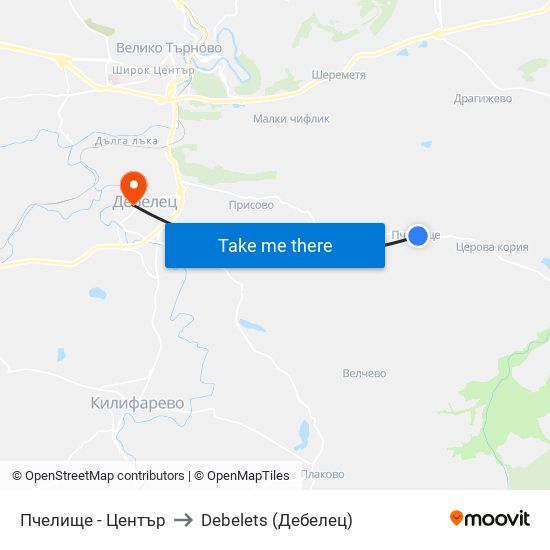 Пчелище - Център / Pchelishte - Centre to Debelets (Дебелец) map
