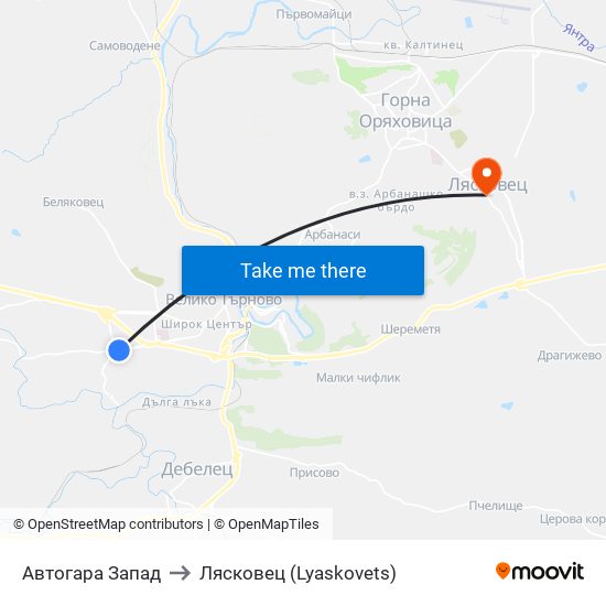 Автогара Запад to Лясковец (Lyaskovets) map