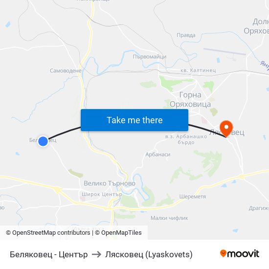 Беляковец - Център to Лясковец (Lyaskovets) map