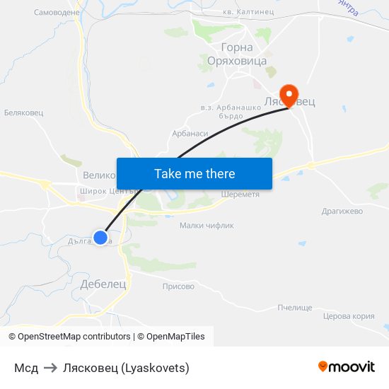 Мсд / Msd to Лясковец (Lyaskovets) map