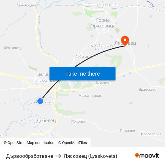 Дървообработване to Лясковец (Lyaskovets) map