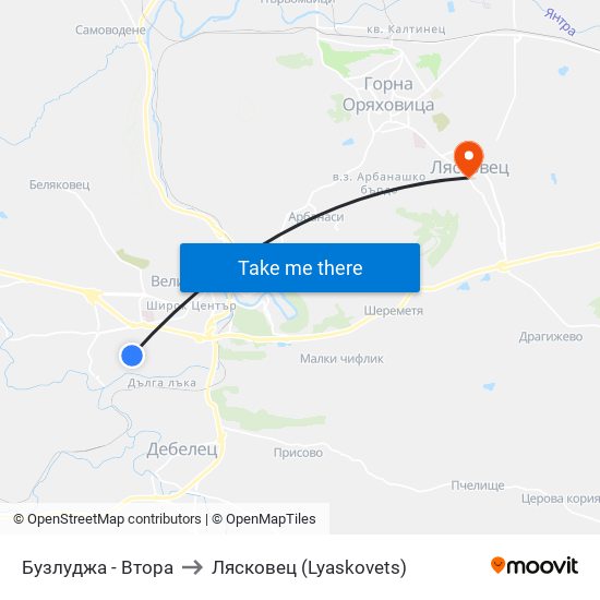 Бузлуджа - Втора to Лясковец (Lyaskovets) map