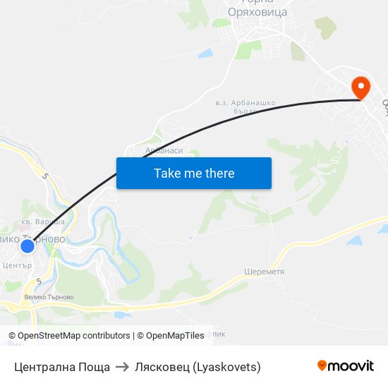 Централна Поща to Лясковец (Lyaskovets) map