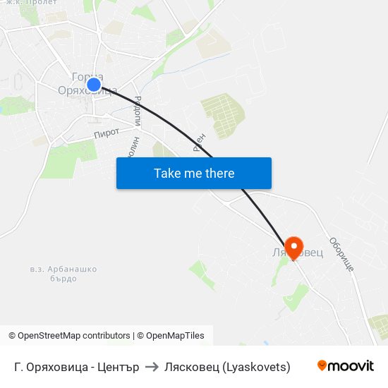 Г. Оряховица - Център to Лясковец (Lyaskovets) map