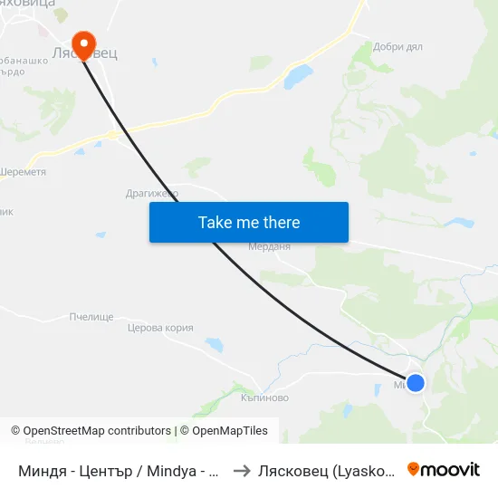 Миндя - Център / Mindya - Centre to Лясковец (Lyaskovets) map