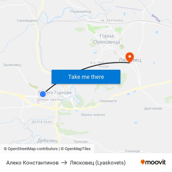 Алеко Константинов / Aleko Konstantinov to Лясковец (Lyaskovets) map